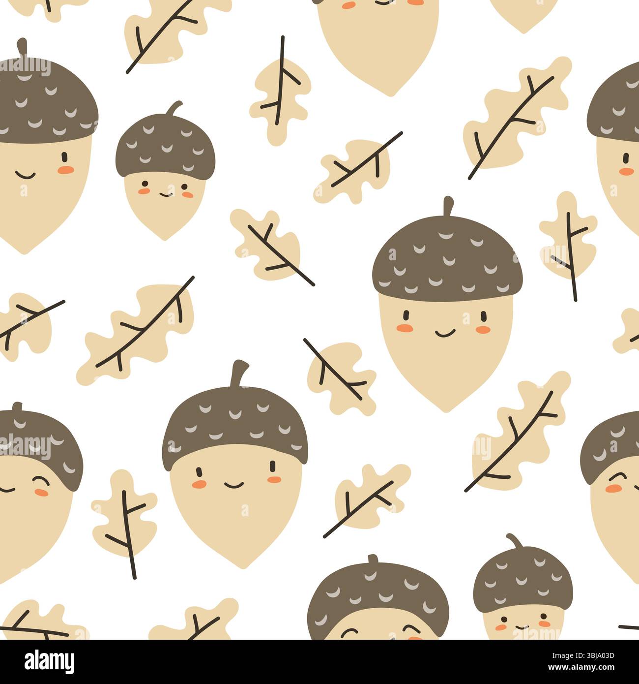 Cute acorns and oak tree leaves seamless pattern. Vector autumn illustration with cartoon characters Stock Vector