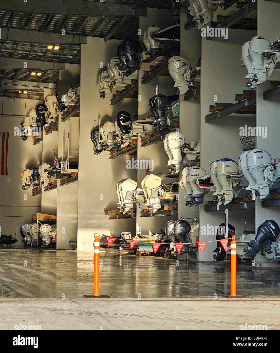 Outboard motors on boats in the dry stack, Rose Marina, Marco Island, Florida - Smartphone Captured Stock Image