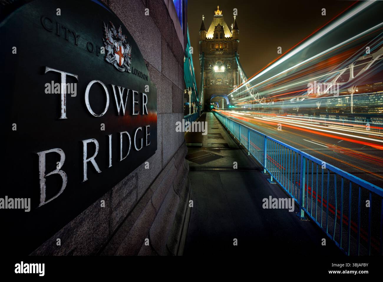 Tower Bridge at Night with Light Trails and City Skyline Stock Photo ...