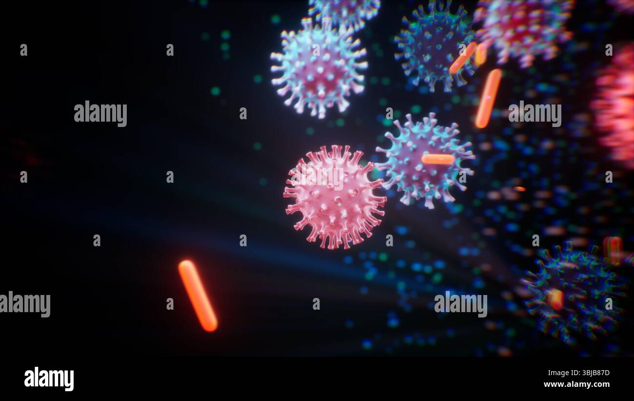 Abstract visualization of bacteria and viruses in air, coronaviruses ...