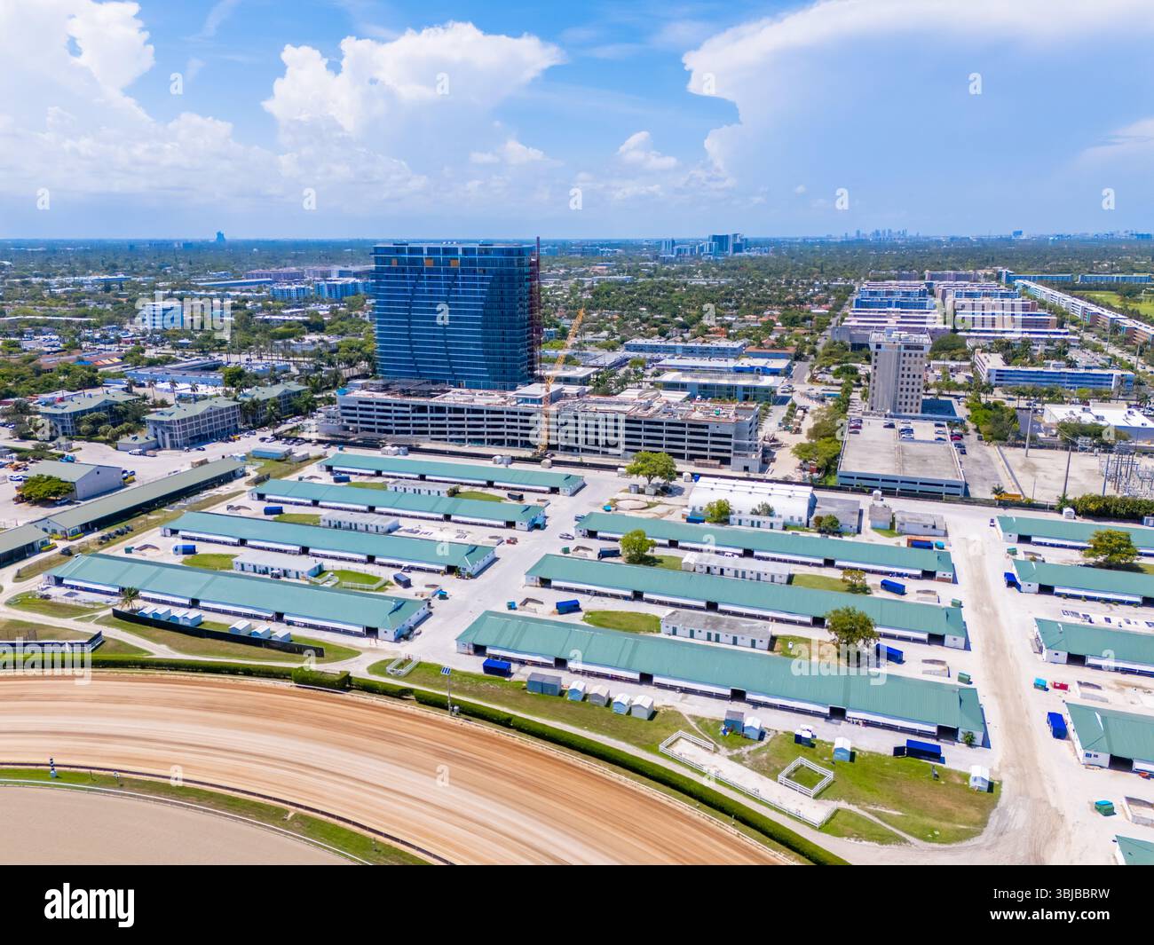 Hallandale Beach, FL, USA - May 28, 2025: Horse stables at Gulfstream Park Hallandale Stock Photo