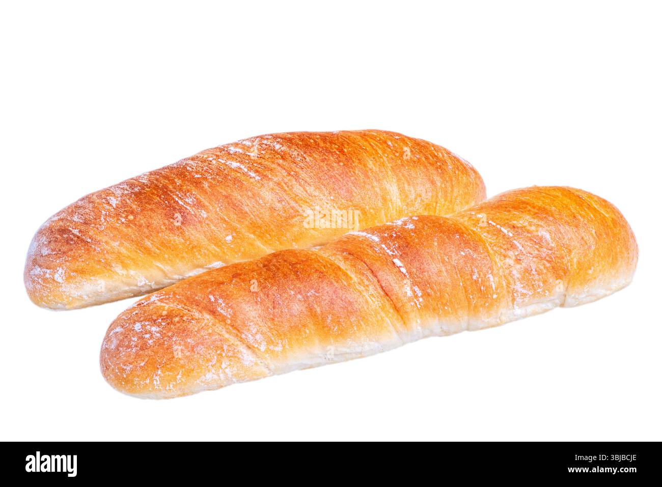 Two fresh wheat baguettes isolated on white Stock Photo