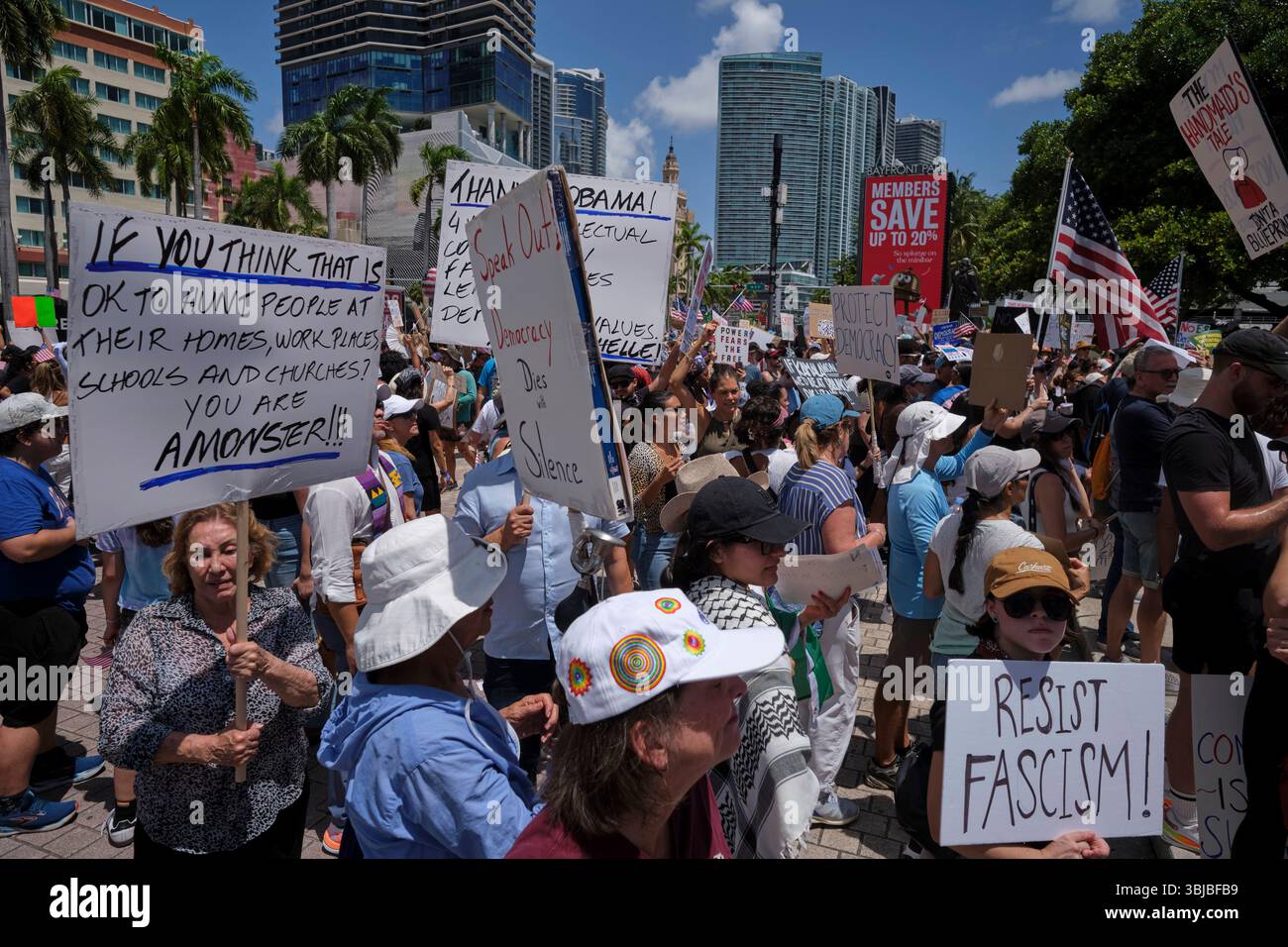 Miami, Florida, USA. 14th June, 2025. A mass of protesters chant and ...