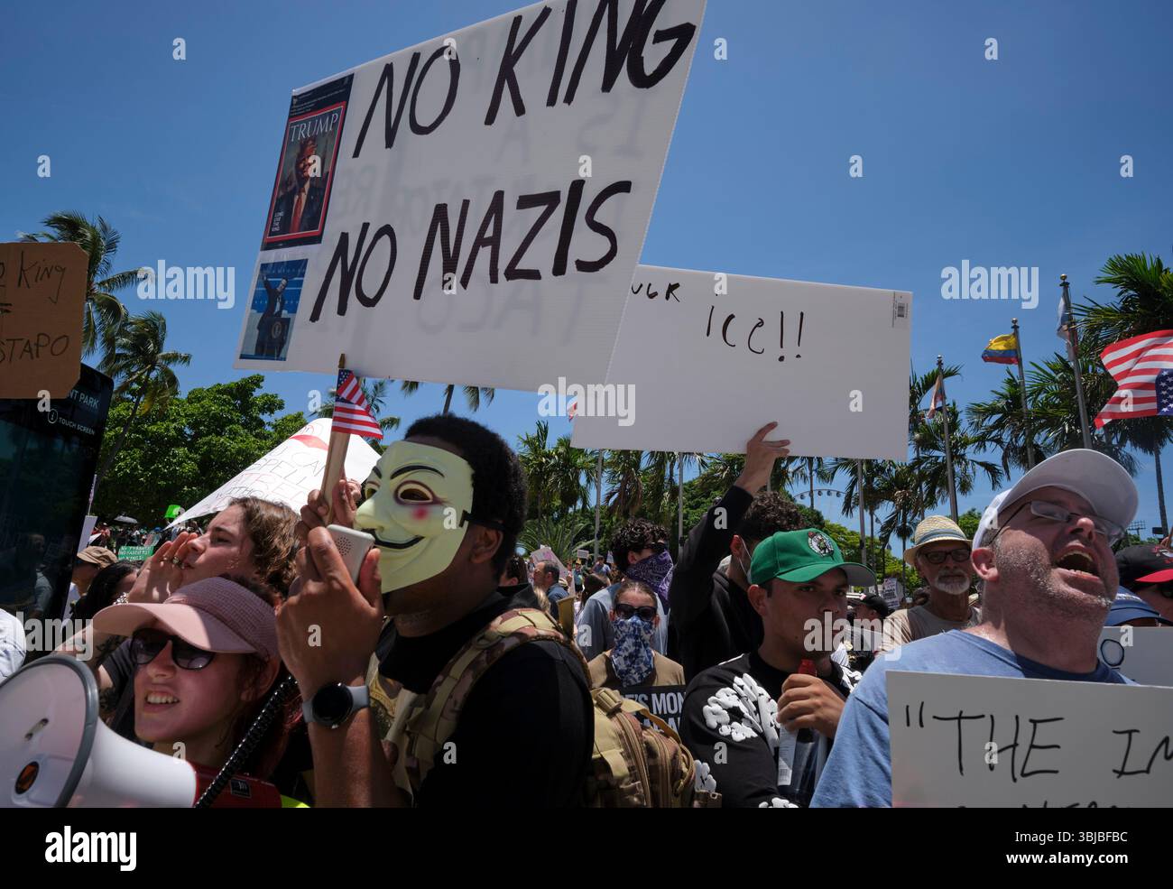 Miami, Florida, USA. 14th June, 2025. Protesters chant and yell as they ...