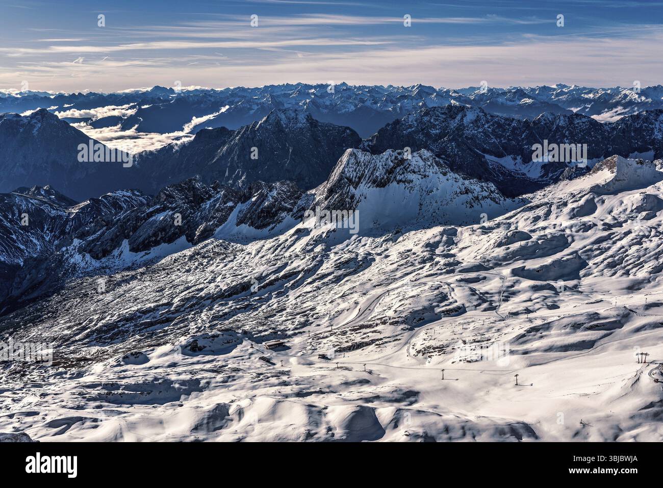 Panoramic view of the Tyrol and Bavarian Alps, Germany, Europe Stock Photo