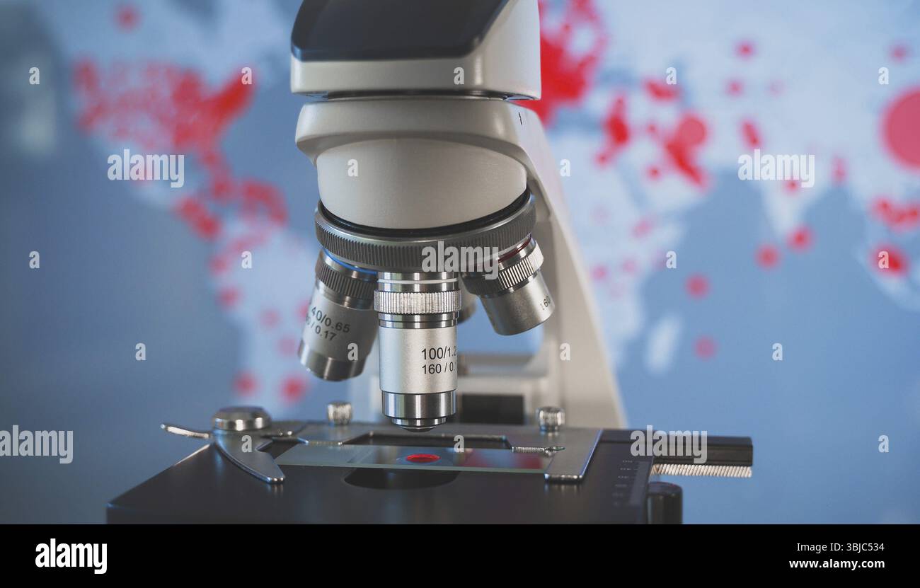 Laboratory microscope with blood sample. Coronavirus map infection on ...