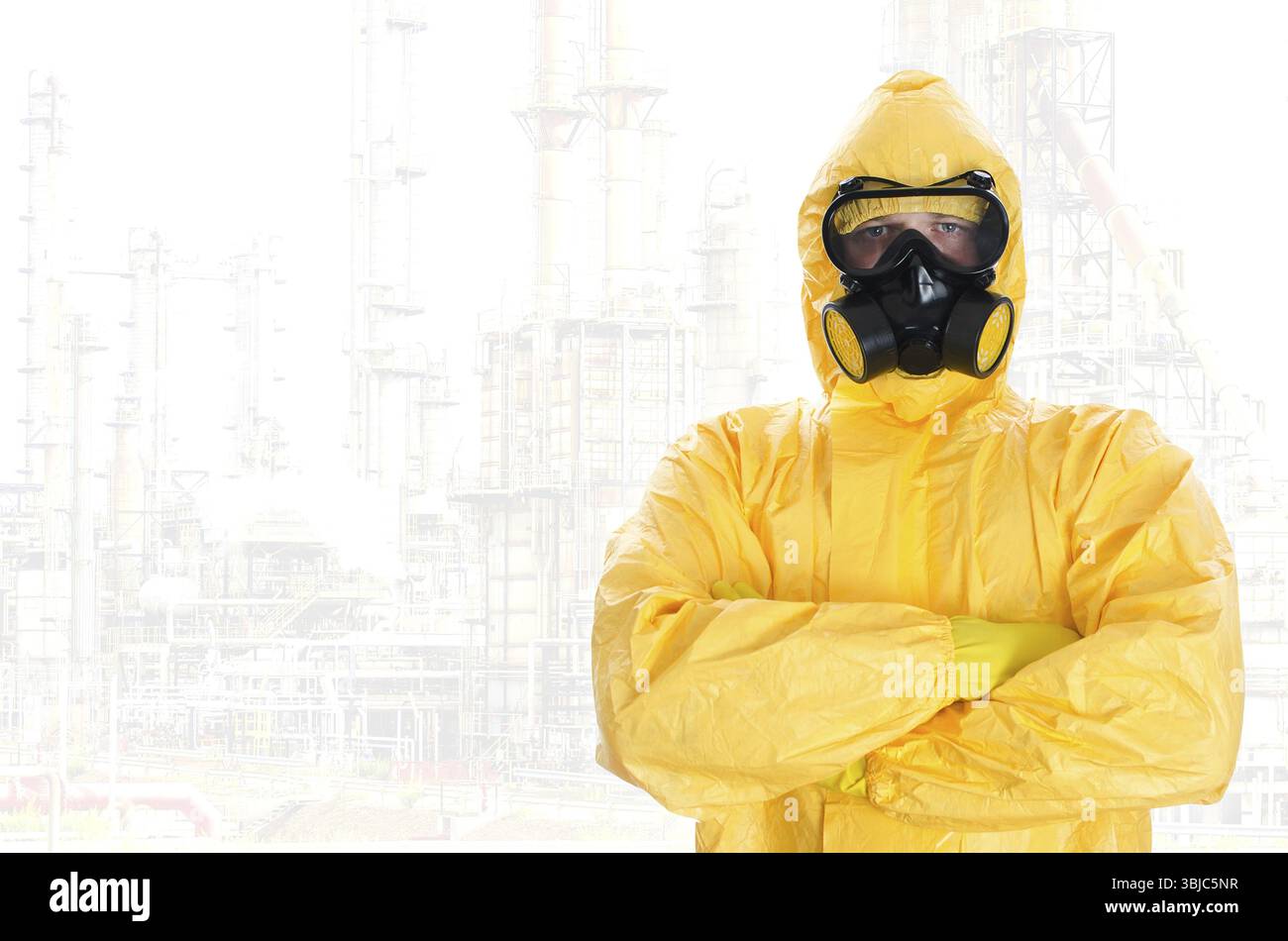 Worker in protective chemical suit. Space for your text Stock Photo
