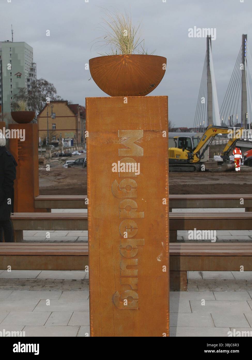 View of the Magdeburg Column at the inauguration of the monument to Magdeburg law on 17 December 2024 in Magdeburg, Magdeburg, DE Stock Photo