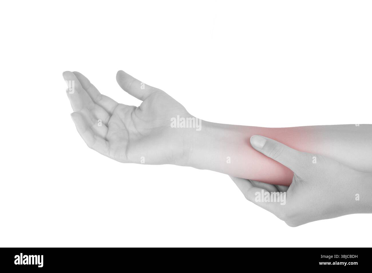 Forearm muscle strain. Female hand touching forearm isolated on white ...
