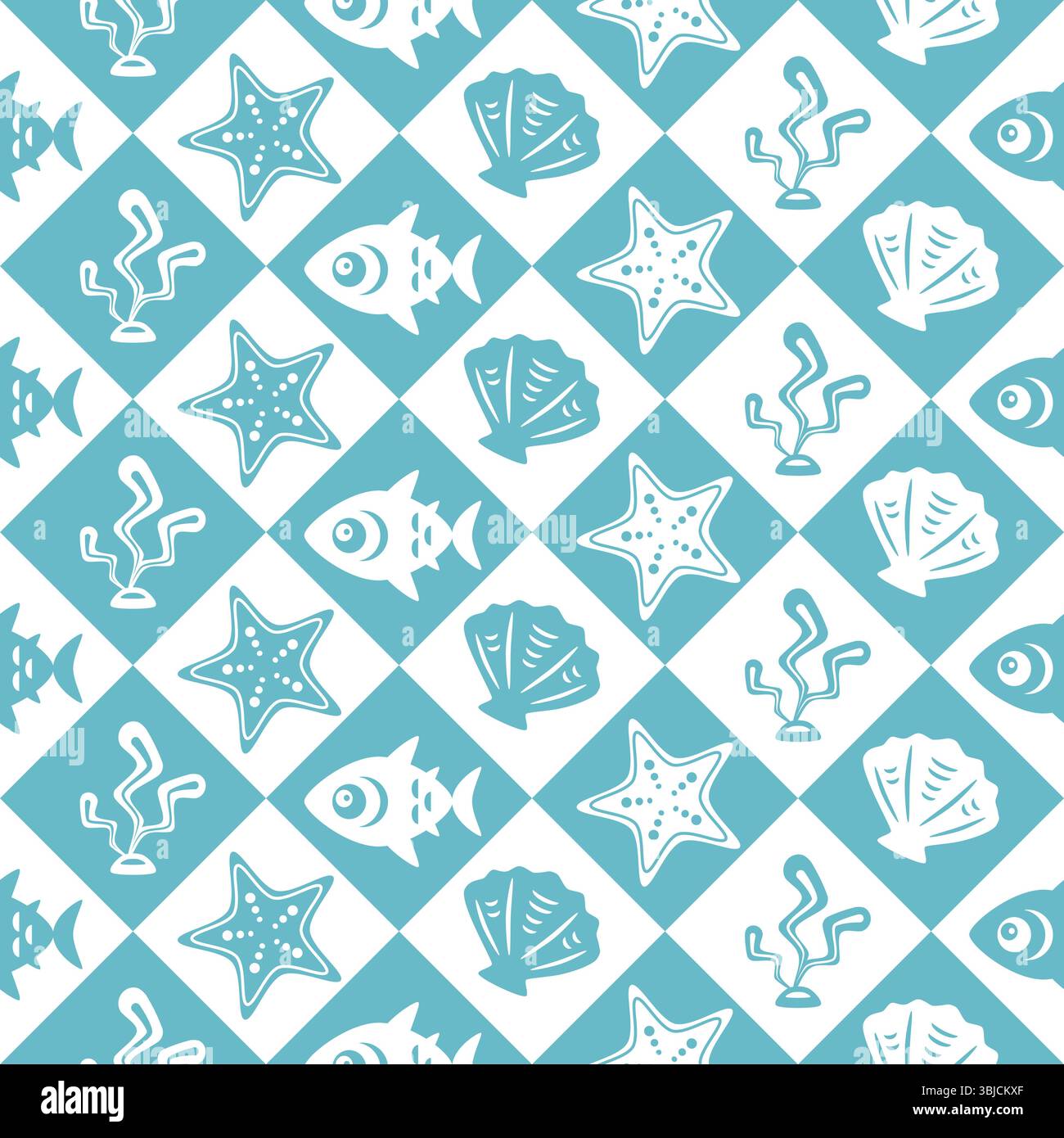 Sea life, shell, sea grass, seaweed seamless pattern Stock Vector