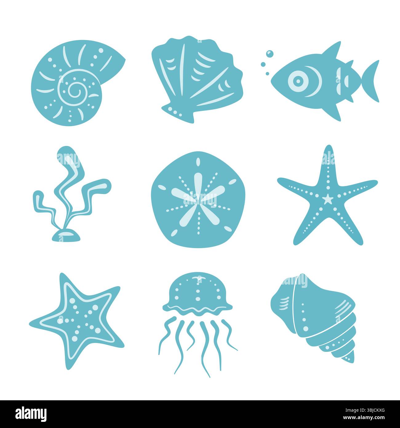 Seashell, fish, jellyfish, starfish, seaweed vector bundle Stock Vector