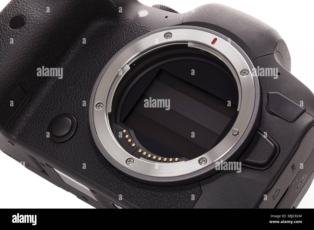 Close-up of mirrorless digital dslr camera matrix sensor on white ...