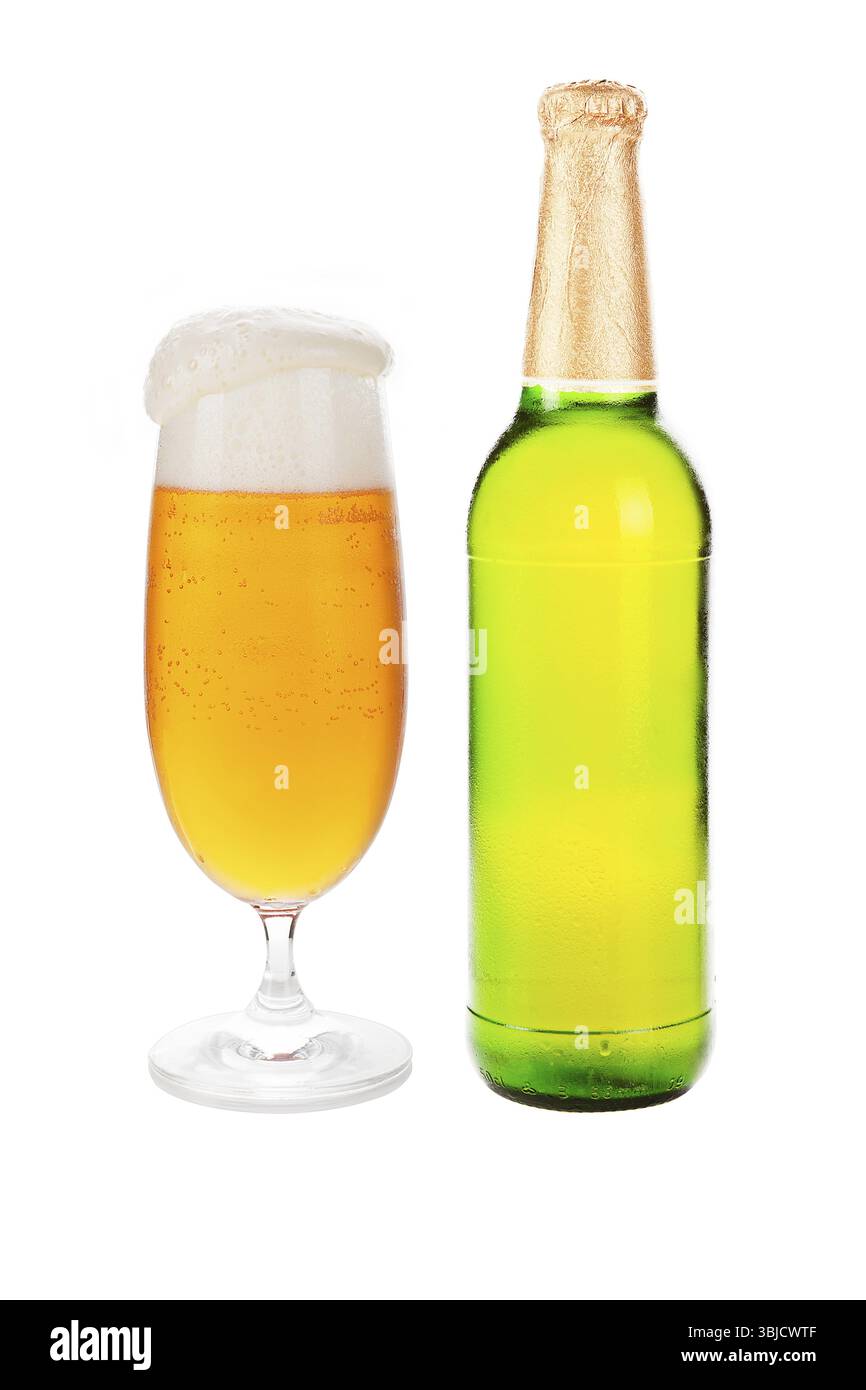Beer bottle and full glass isolated on white background Stock Photo