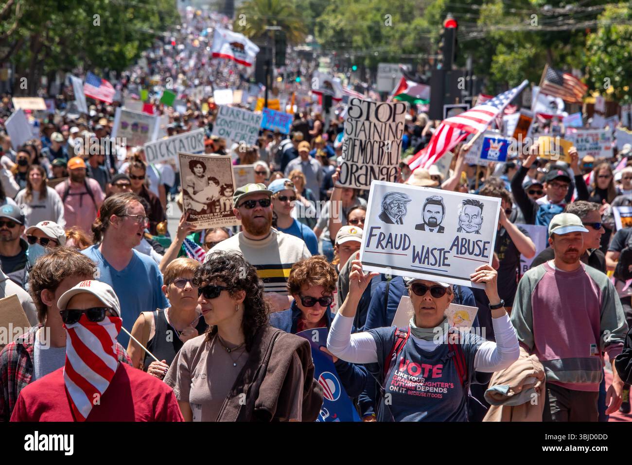 San Francisco, USA. 14th June 2025. As a massive crowd of protesters marches down Market Street for the No Kings protest event, protesters carry American, Palestinian, and California Republic flags, and many signs including one close up reading, 'Fraud, Waste, Abuse,' with sketches of Trump, Vance, and Musk above each word. Credit: Shelly Rivoli/Alamy Live News - Stock Image