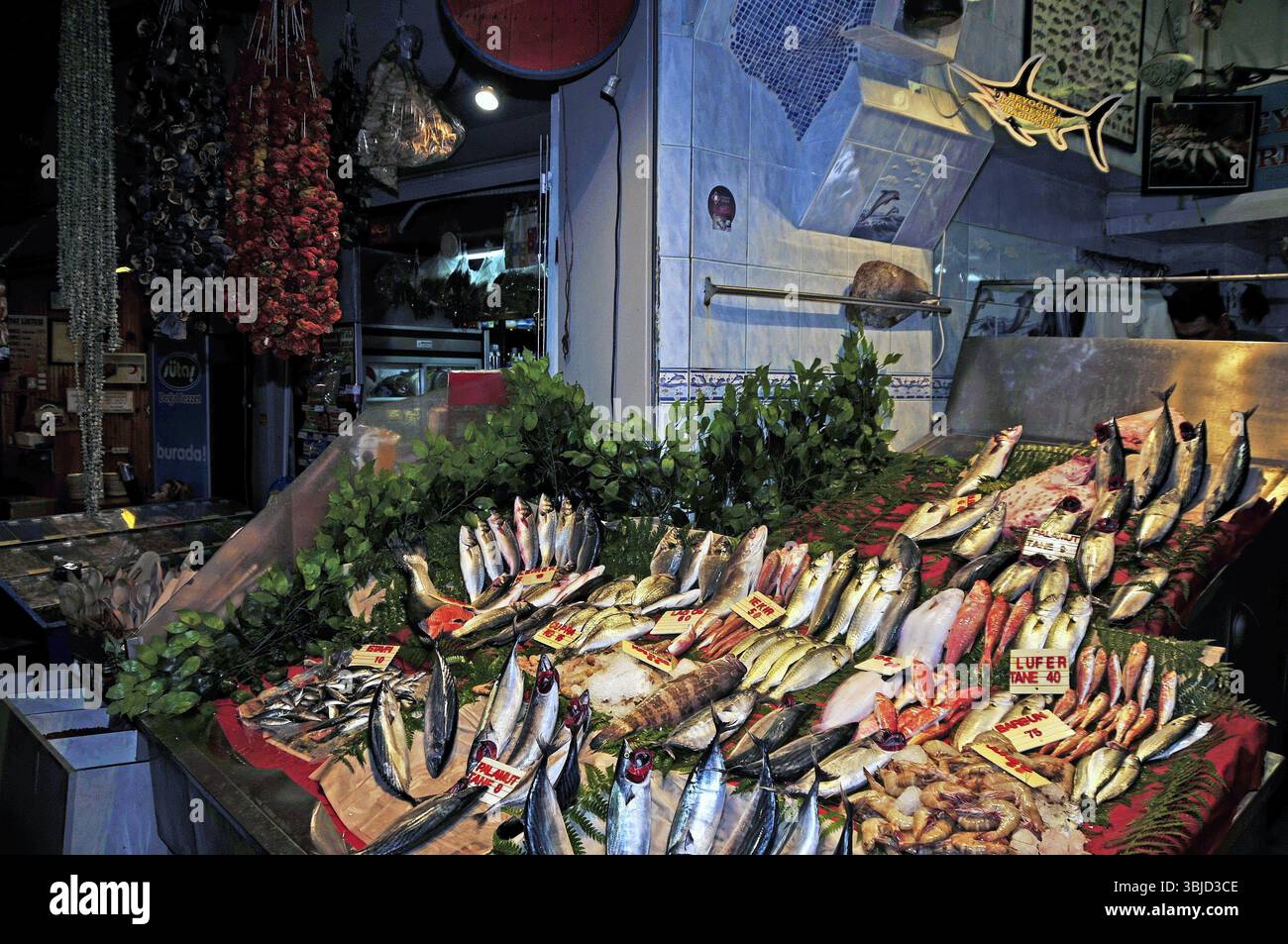 Fish stall in the Beyoglu district of Istanbul that is still open late at night The bohemian district of Beyoglu with its countless restaurants, cafe Stock Photo