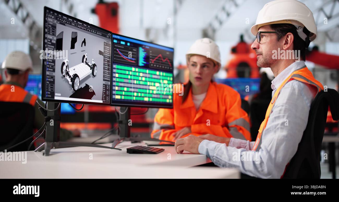 Diverse Group Of Engineers Developing Electric Car Model On Computer. Stock Photo