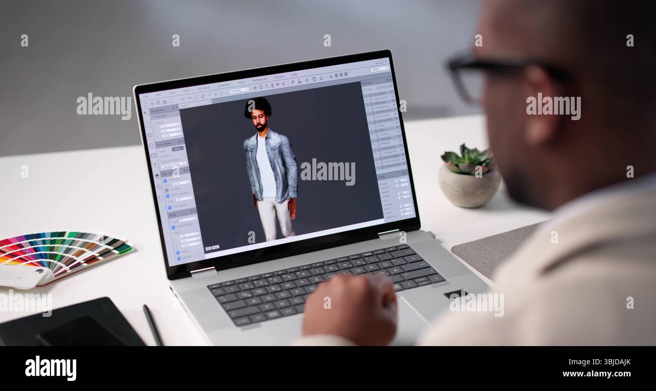 Creative American Man Developing 3D Characters For Video Game Stock Photo