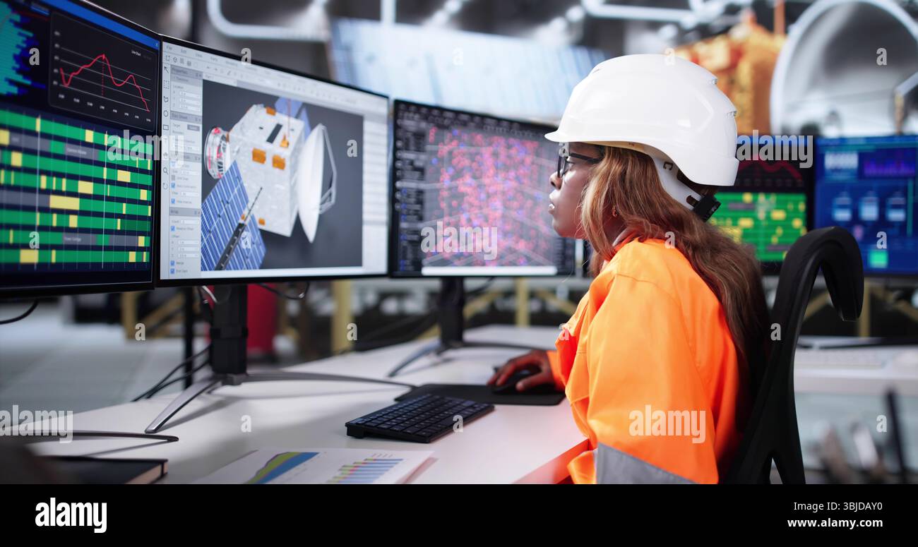 Black Female Engineer Drafts Satellite Model Using 3D CAD Software. Stock Photo