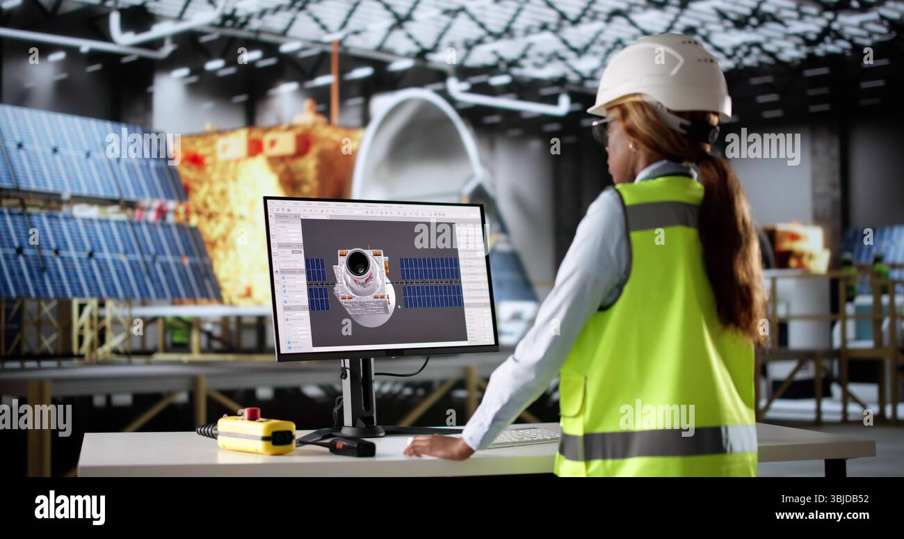 Innovative Engineer Designs A Satellite Model Using 3D CAD Software. Stock Photo