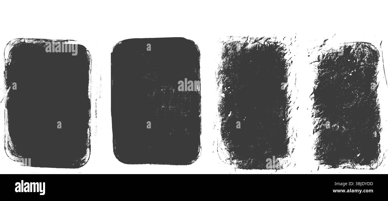 Black soiled grunge text boxes set. Callouts rectangles frames. Linocut rolled paint black tag. Vector handmade brayer stamp smudged texture. Rough pa Stock Vector
