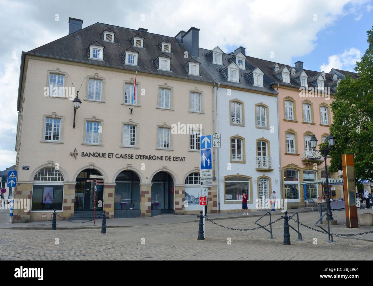 Echternach, Luxembourg 07-14-2024 Market place and bank building, Banque et Caisse D´Epargne De L´Etat Stock Photo