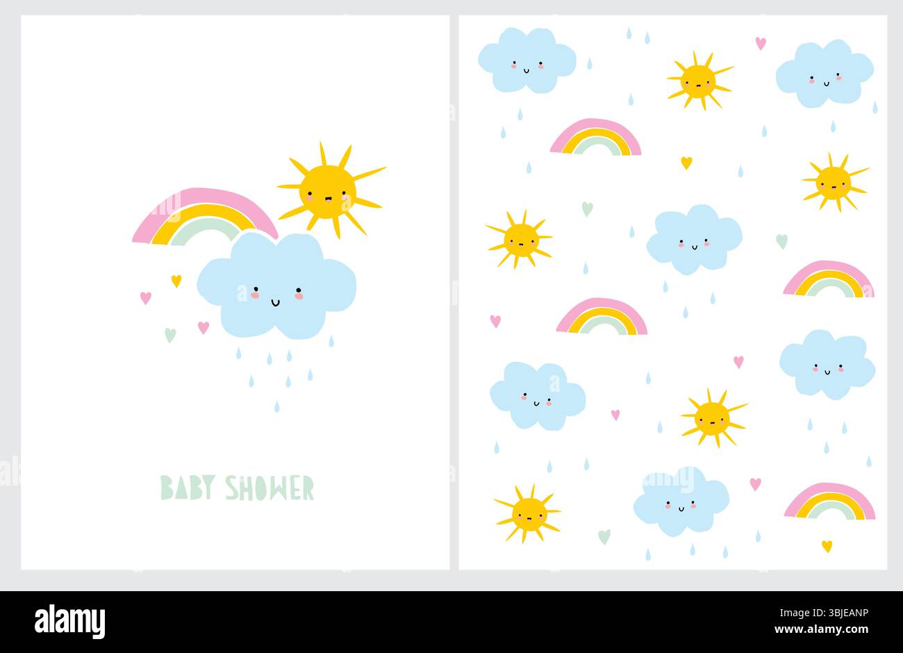 Cute Baby Shower Vector Card and Pattern. Blue Smiling Cloud with ...