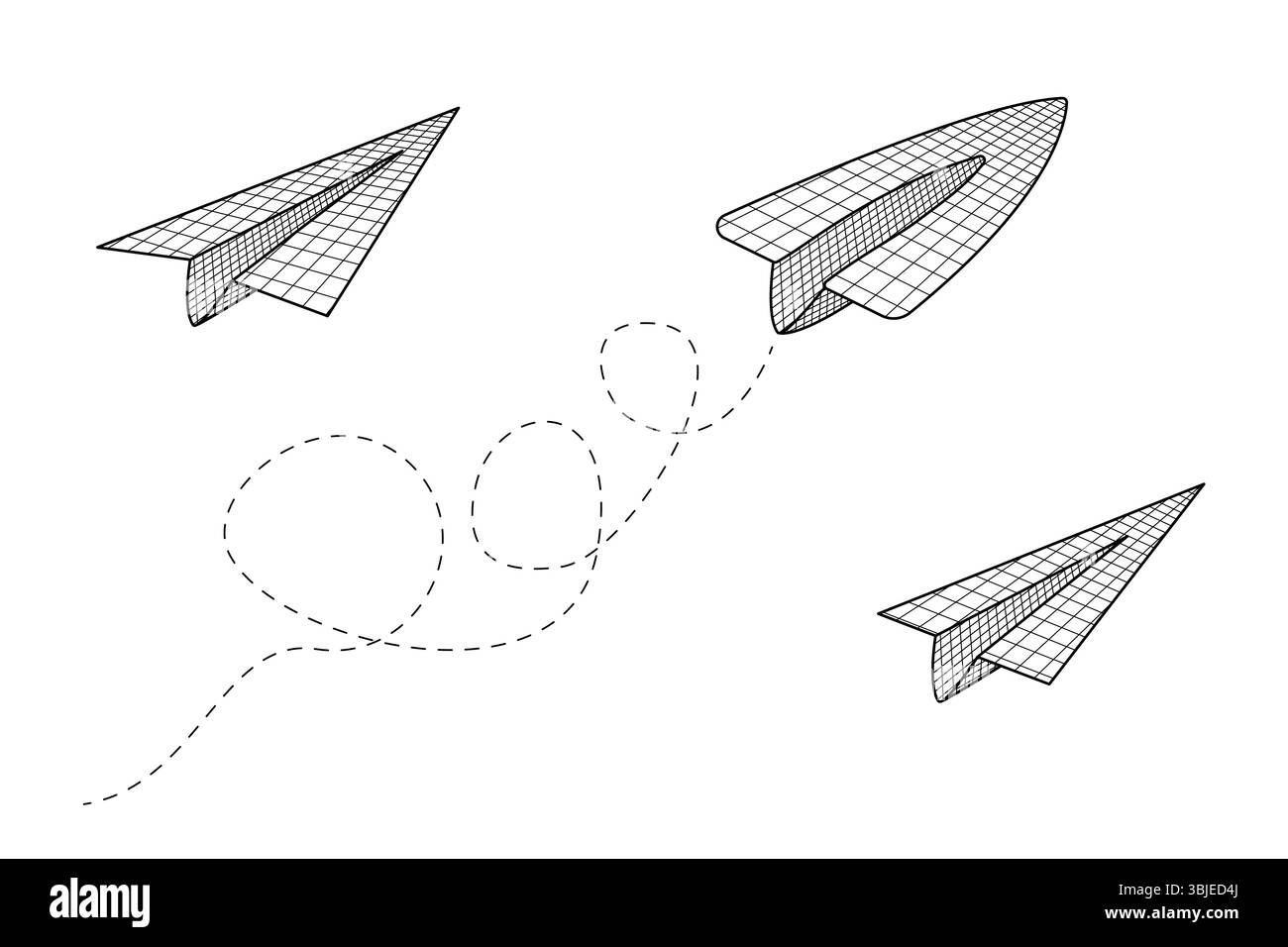 Coloring page with contour drawing of an set paper planes made from grid notebook paper flying. For entertaining kids, back to school or education bla Stock Vector