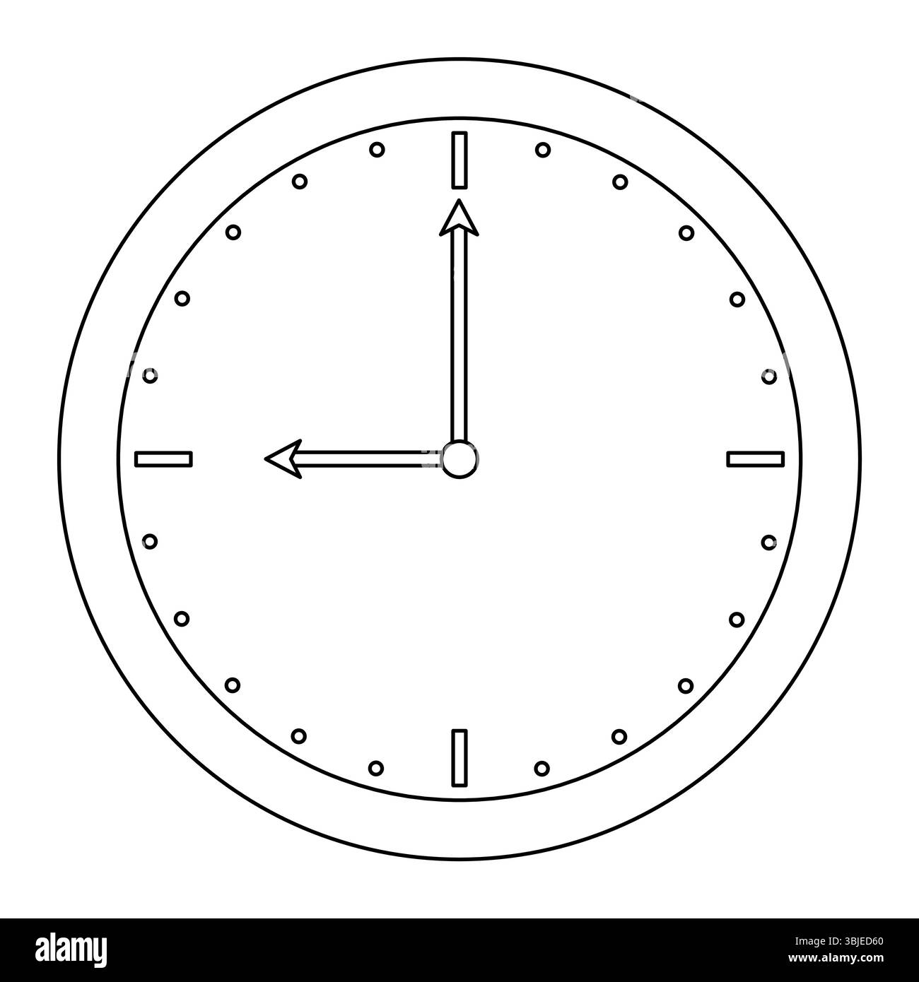 Coloring page for kids with outline drawing of round wall clock with ring mechanical dial showing 9 oclock - symbolizing school start time. For entert Stock Vector