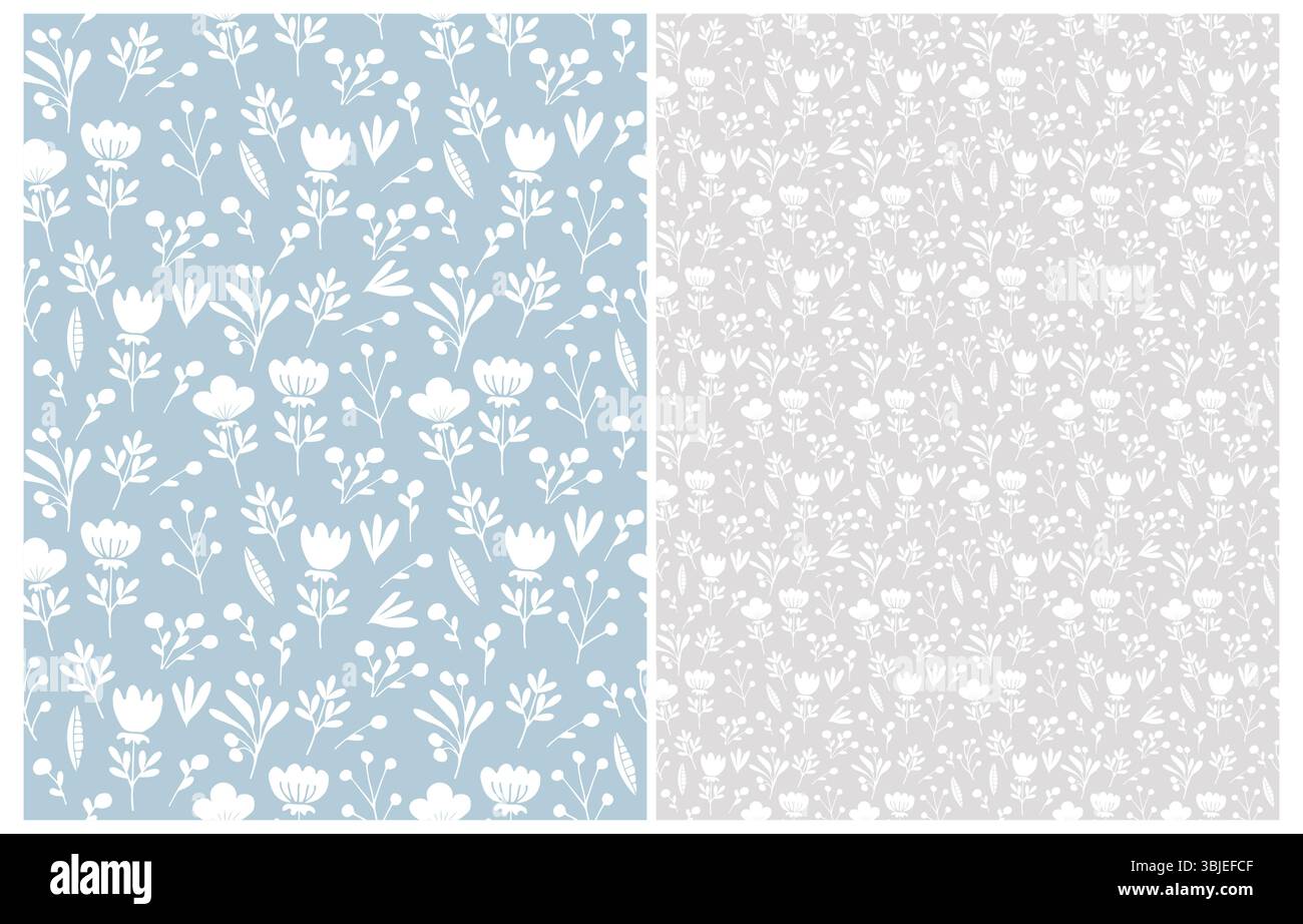 Cute Hand Drawn Floral Seamless Vector Patterns. White Flowers and ...