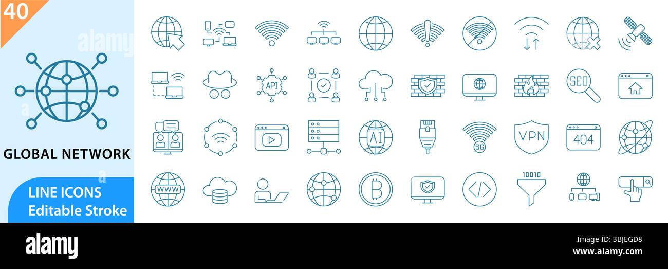 Global Network line editable icon set. Global networking icon set. Editable stroke. Vector illustration Stock Vector