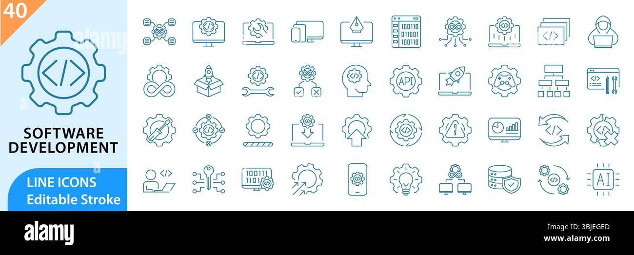 Software Developer line editable icon set. Software Development. Editable Stroke. Vector illustration Stock Vector