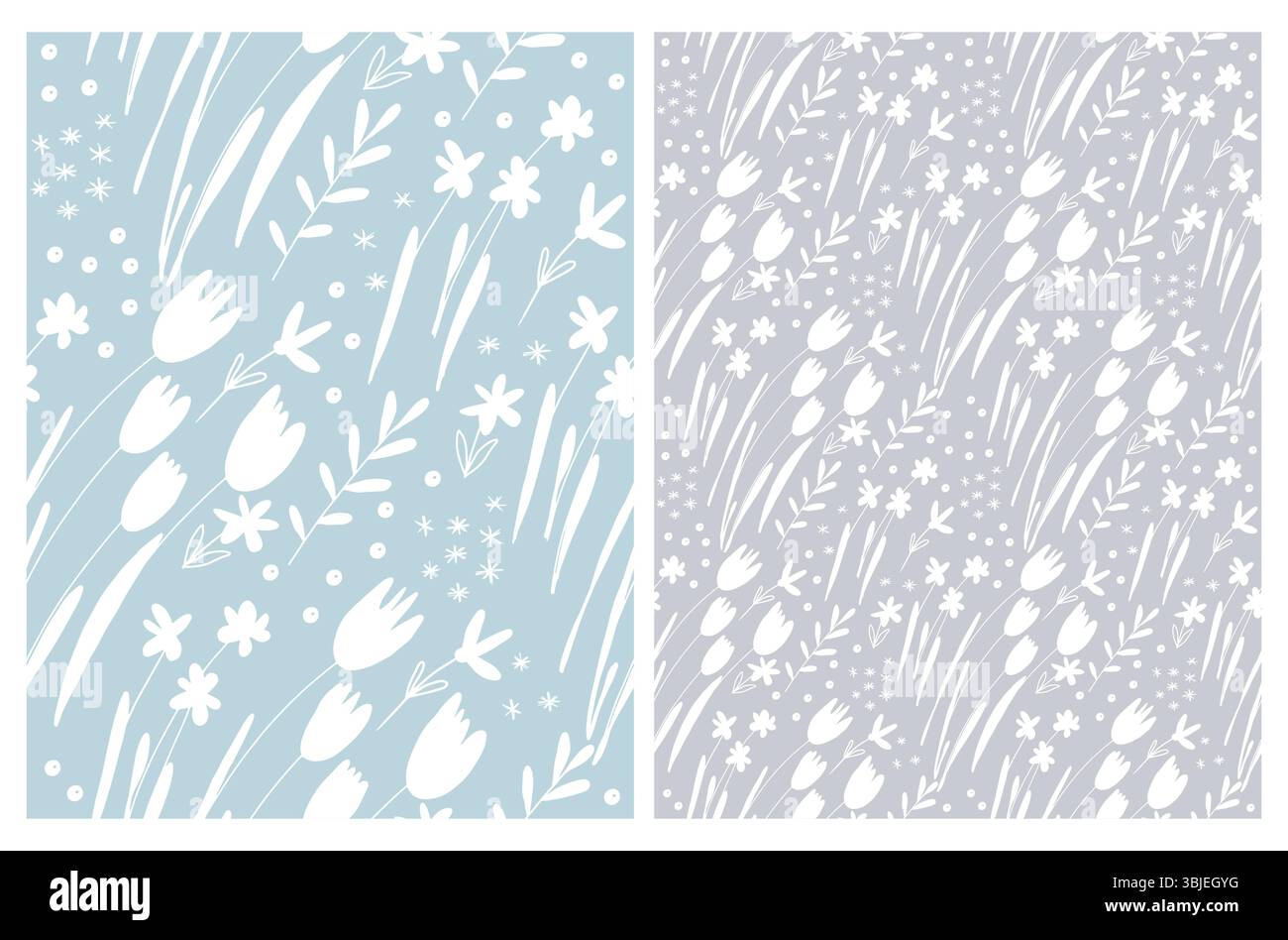 Cute Hand Drawn Floral Seamless Vector Patterns. White Flowers and ...