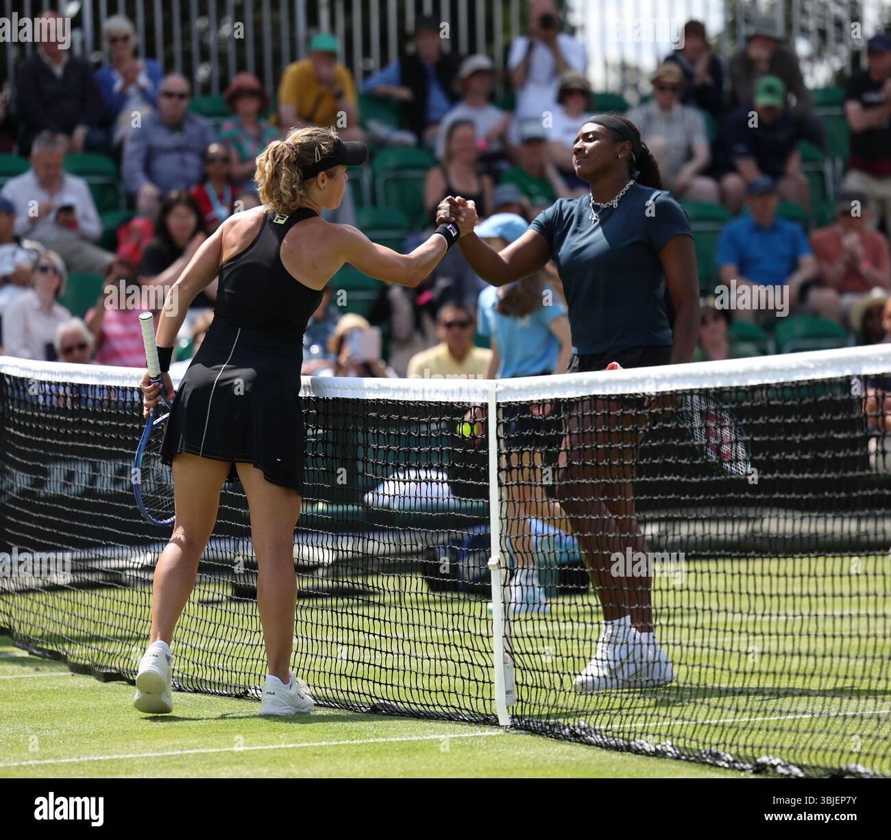 Ilkley, UK. 15th June, 2025. Laura Siegmund (GER) celebrates her win over Hailey Baptiste (USA) during the qualifying round round on Day 2 of the Lexus Nottingham Open Tennis Open on the 14th June 2025 Credit: Andrew Sumner/Alamy Live News Credit: Andrew Sumner/Alamy Live News Stock Photo