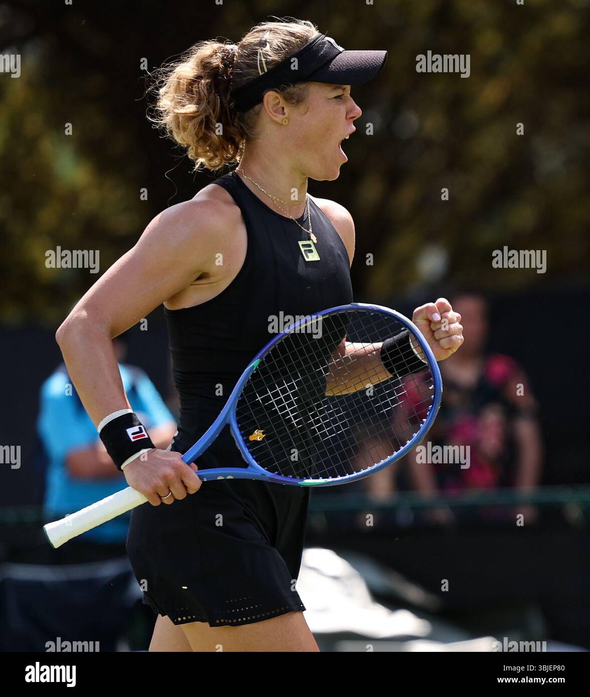 Ilkley, UK. 15th June, 2025. Laura Siegmund (GER) celebrates her win over Hailey Baptiste (USA) during the qualifying round round on Day 2 of the Lexus Nottingham Open Tennis Open on the 14th June 2025 Credit: Andrew Sumner/Alamy Live News Credit: Andrew Sumner/Alamy Live News Stock Photo