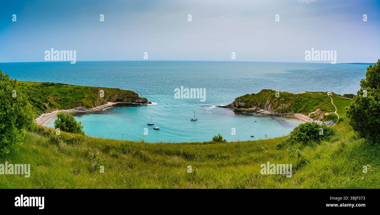 Looking down on Lulworth Cove from Bindon Hill Stock Photo