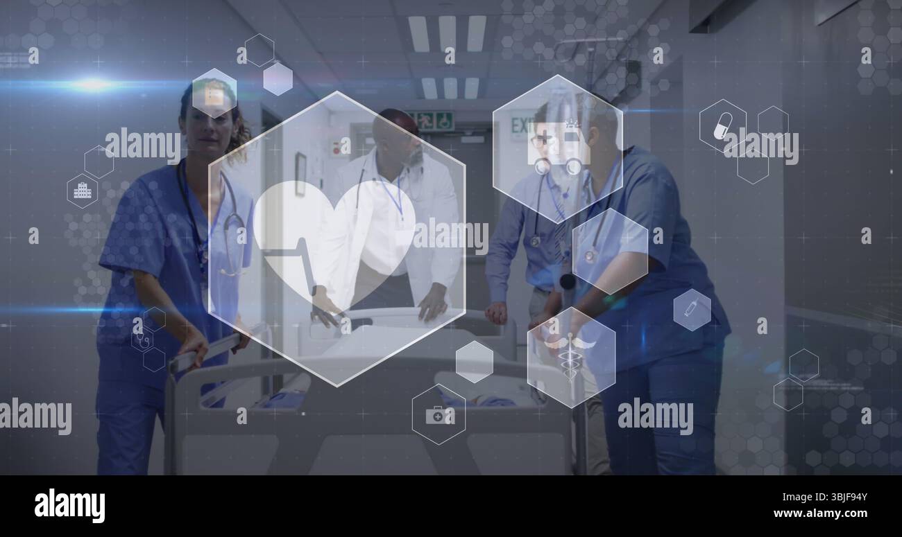 Moving nurses and doctors shifting hospital gurney through hospital ...