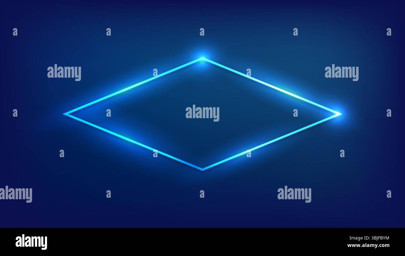 Neon rhombus frame with shining effects on dark background. Empty glowing techno backdrop. Vector illustration. Stock Vector