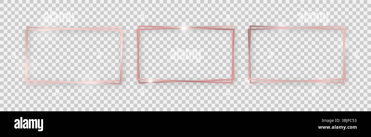Double rectangular shiny frames with glowing effects. Set of three rose gold double rectangular frames with shadows on transparent background. Vector Stock Vector