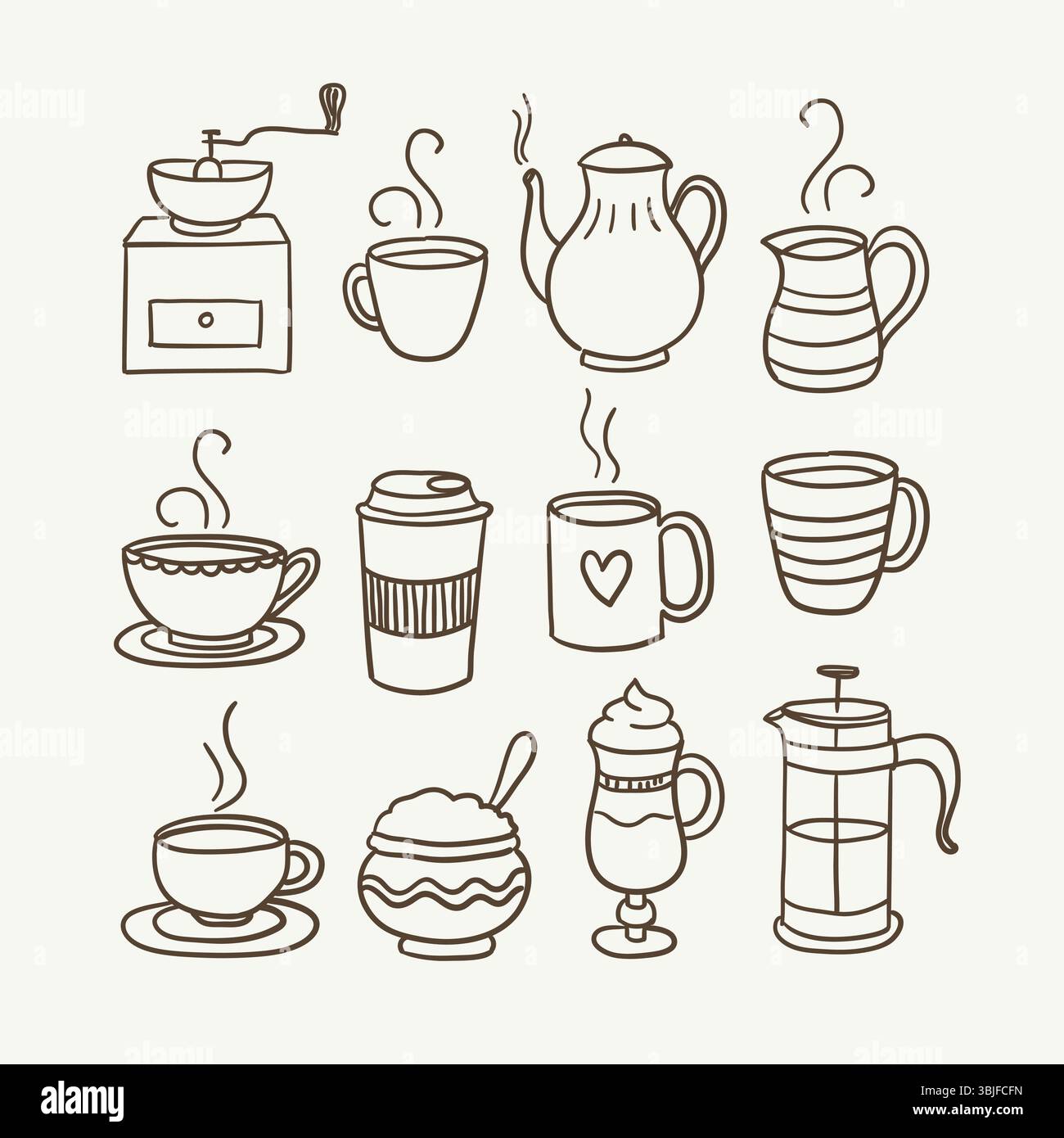 Cute hand-drawn coffee and tea doodle set, perfect for decorating surfaces, cooking recipes, prints and crafting projects. A total of 12 designs. Vect Stock Vector