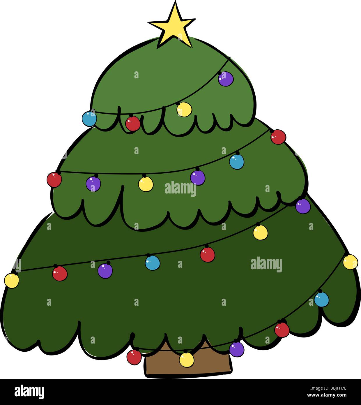 Christmas tree with colored lights composition isolated. Vector graphic line ink illustration. For poster, flyer, banner, invitation, social media, pa Stock Vector