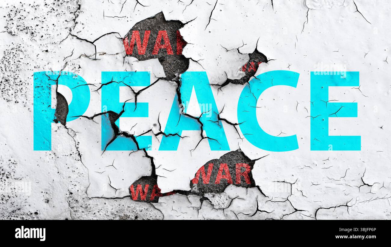 Cracked white paint with the word PEACE peeling off reveals fragments of the words WAR beneath — a stark visual metaphor for rising global conflicts Stock Photo