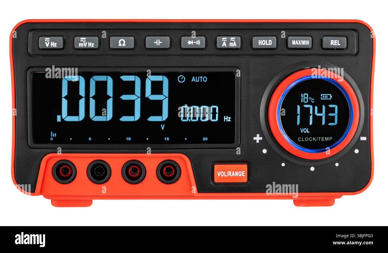 Digital multimeter with display and probes. On white background