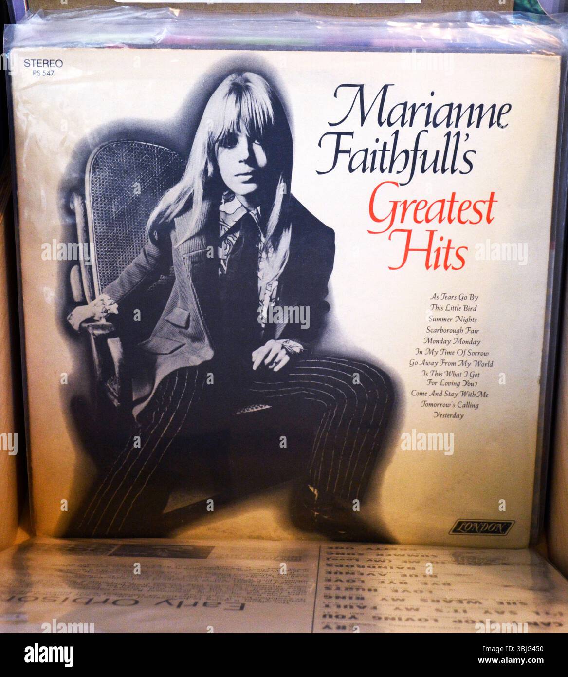 A copy of the 1969 record album "Marianne Faithfull's Greatest Hits" for sale in a record shop in Asheville, North Carolina, USA. Stock Photo