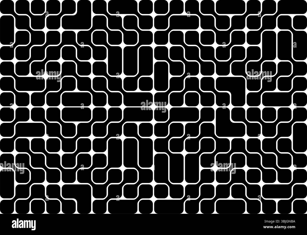 Circuit pattern. Black metaballs or connected rounded square shapes isolated on white background. Organic blobs, neurons or molecules texture. Modern abstract print. Vector graphic illustration. Stock Vector
