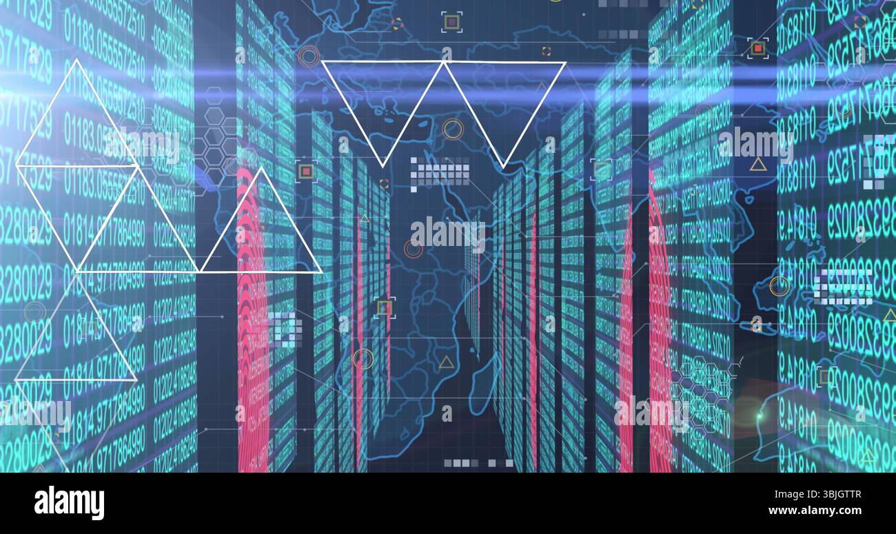 Displaying central corridor glowing with vertical data panels in data center, numeric code streams Stock Photo