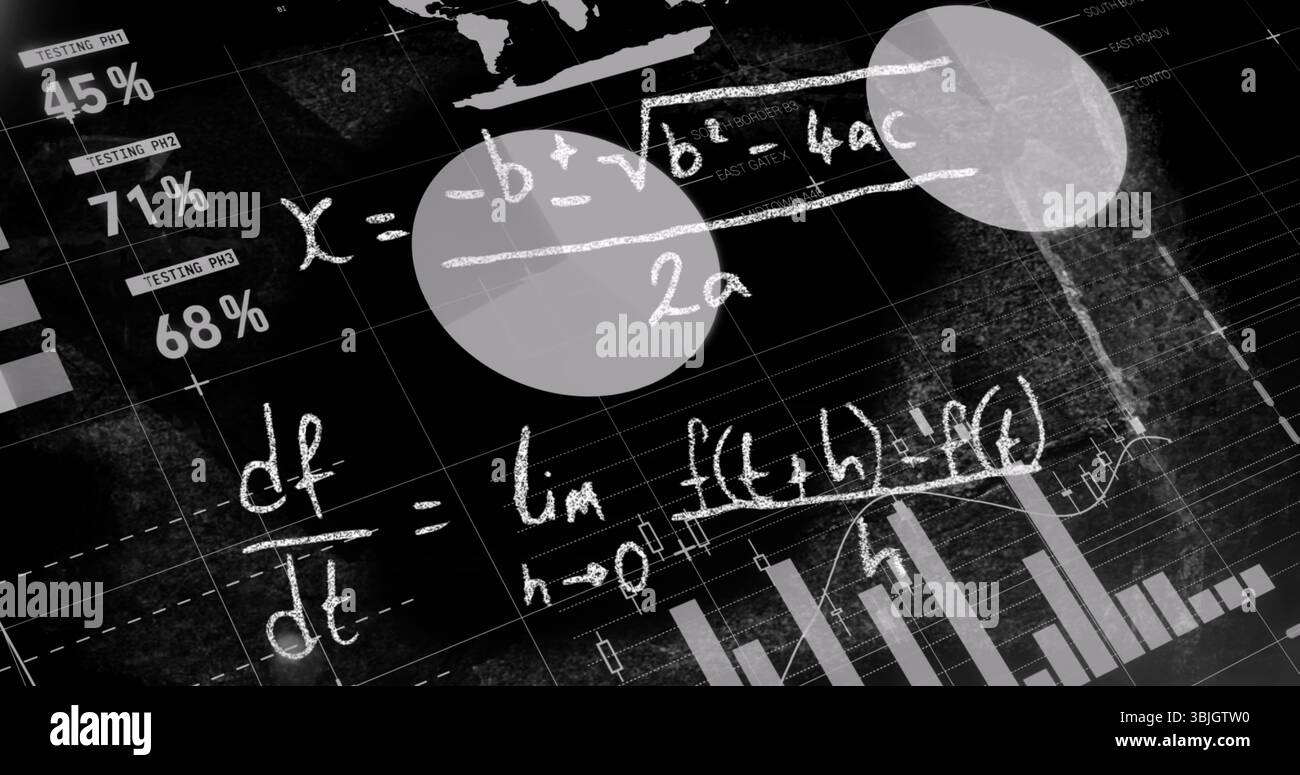 Displaying white quadratic and derivative formulas in data interface, with circles, percentage bars Stock Photo