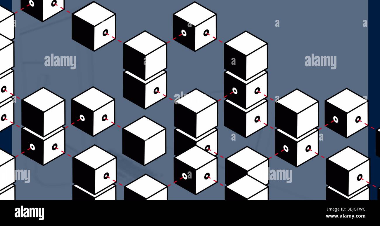 Displaying pattern of isometric cubes on slate-blue field, with letter ...
