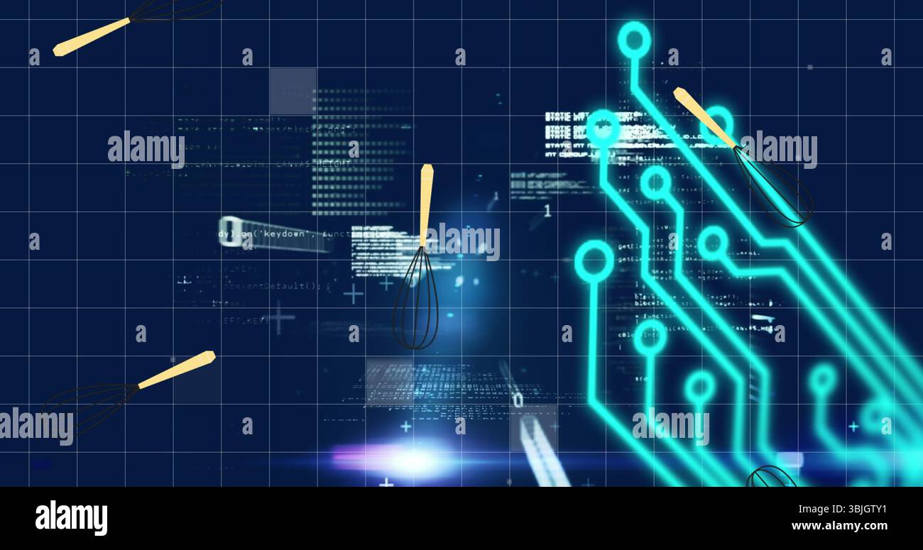 Floating wire whisks drifting over blue grid streaming code strings along turquoise circuit traces Stock Photo