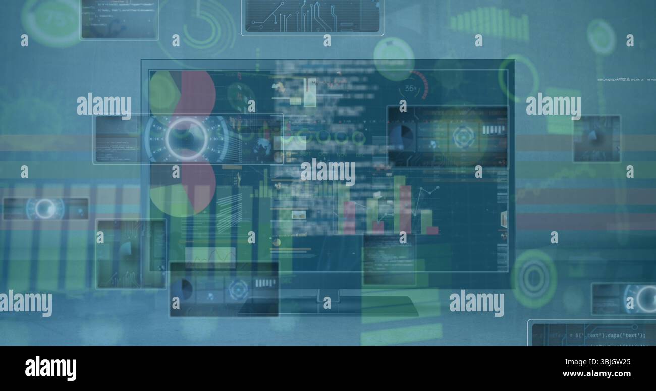 Data dashboard displaying panels showing charts and code in virtual control hub, with progress bars Stock Photo