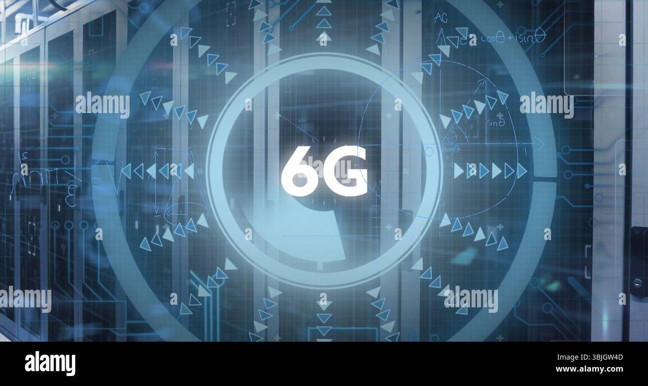 Displaying digital interface projecting glowing 6G text in server rack room, with translucent HUD Stock Photo
